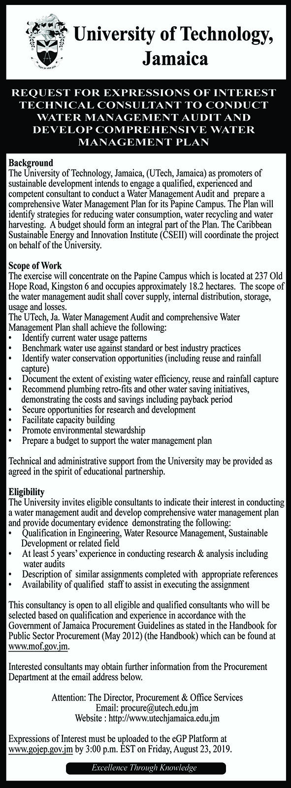 Technical Consultant to Conduct Water Management Audit & plan