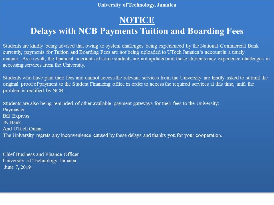 ADVISORY: Delays with NCB Payments - Tuition & Boarding Fees